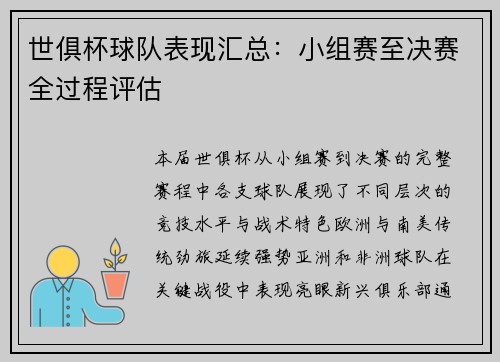 世俱杯球队表现汇总：小组赛至决赛全过程评估